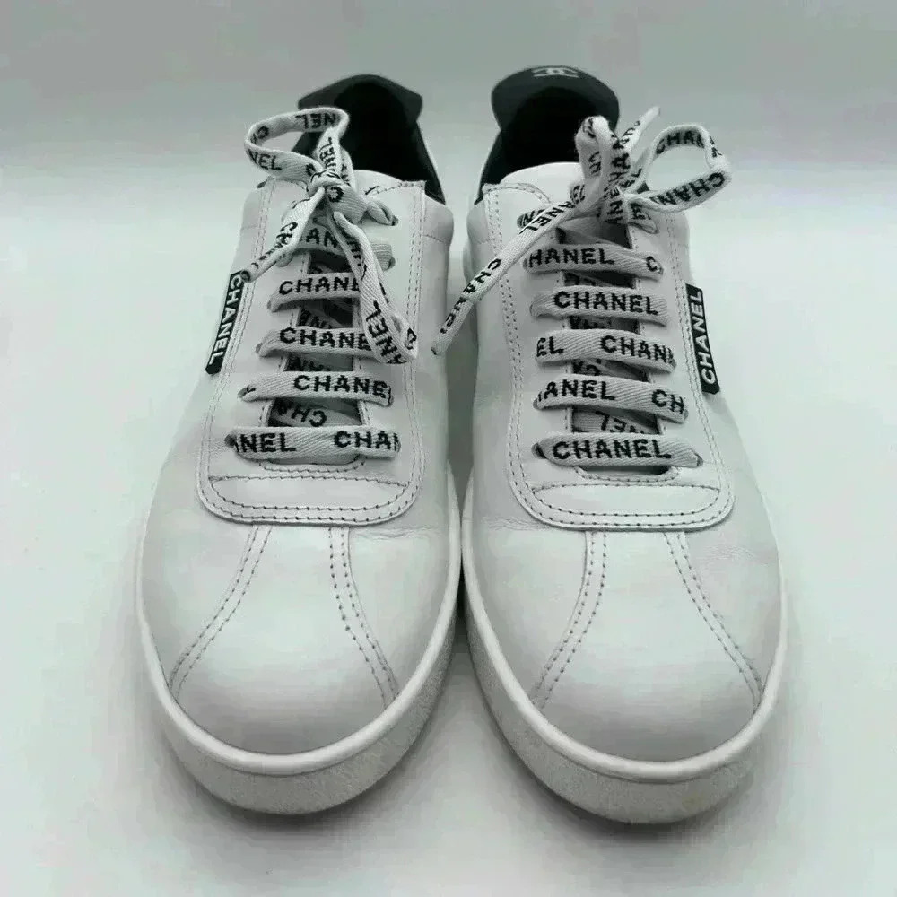 Chanel White Leather Casual Sneakers: Women's Size 36.5 Logo Laces CC - Picture 2 of 13